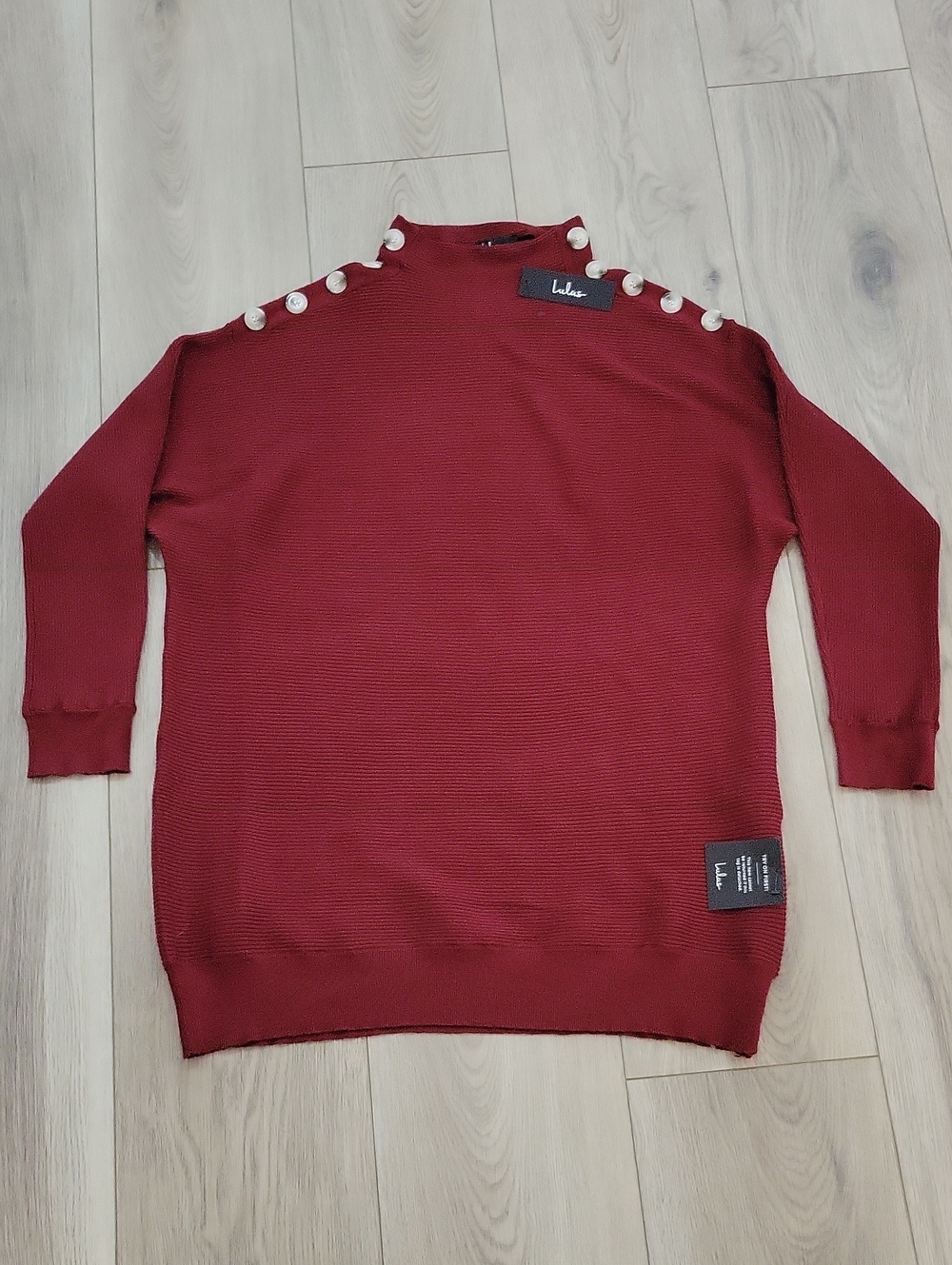 Lulu's Burgundy Button-Shoulder Ribbed Turtleneck Sweater